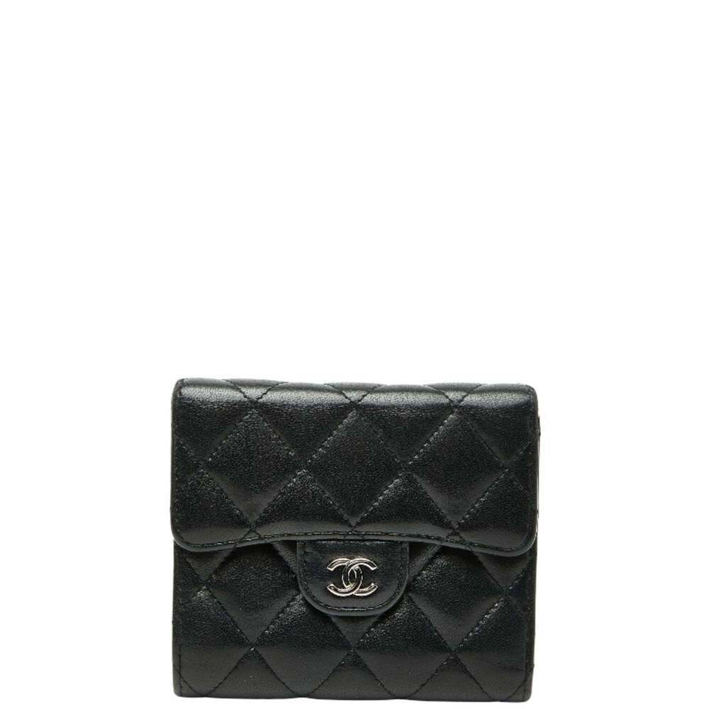 CHANEL Black Lambskin Leather Logo Wallet